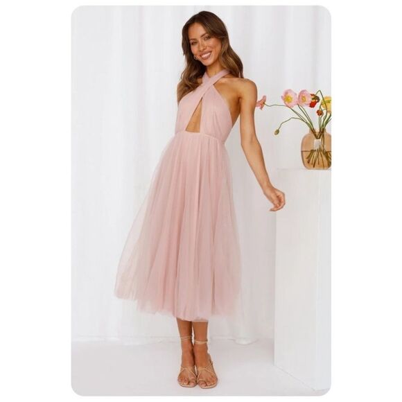 Hello Molly Pink Little Tulle Much Midi Halter Dress NEW Size 4 / Small - Picture 2 of 11